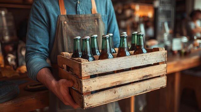 A server holds a wooden crate filled with green-bottled beverages, blurred bar background