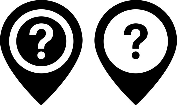 Two map pin icons with question marks isolated on white background