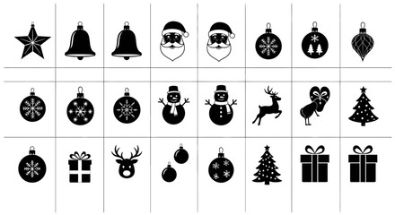 Set of christmas and holiday decorations including ornaments santa hats snowmen reindeer and christmas trees in black and white silhouette style for festive celebrations © Pabitra