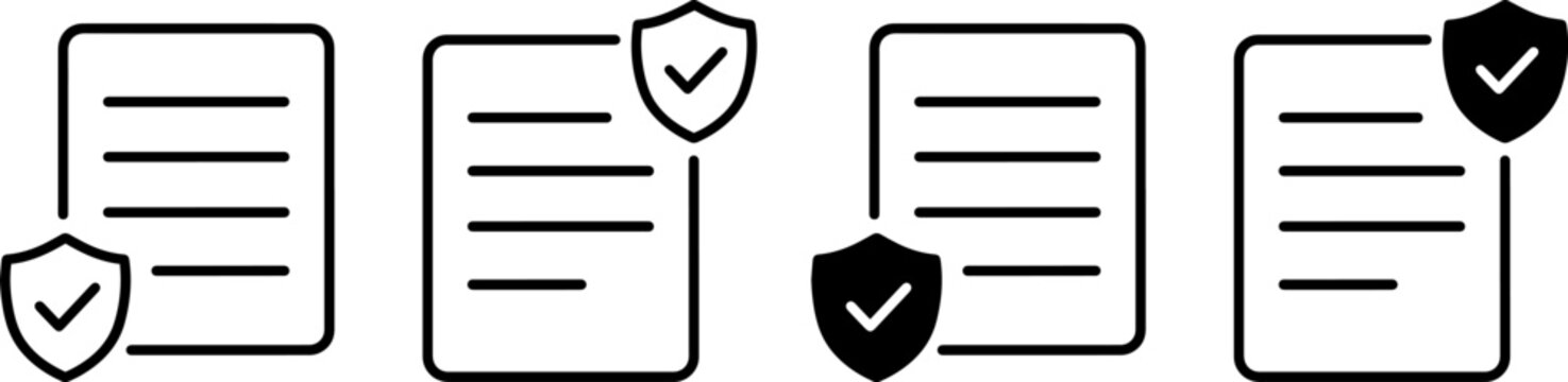 Set of document protection icons with shield and checkmark