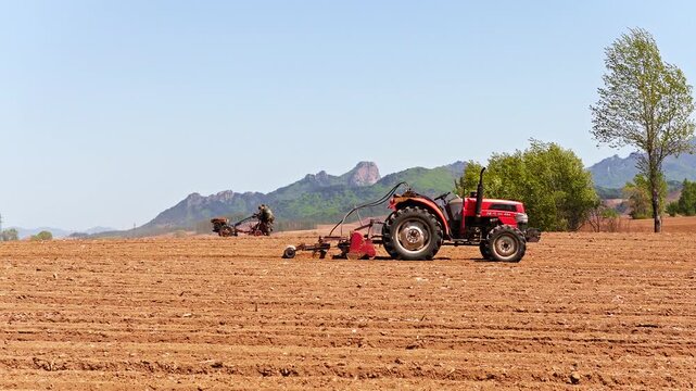 Various agricultural implements used in spring plowing