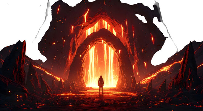 A lone person standing before a glowing fiery hell portal