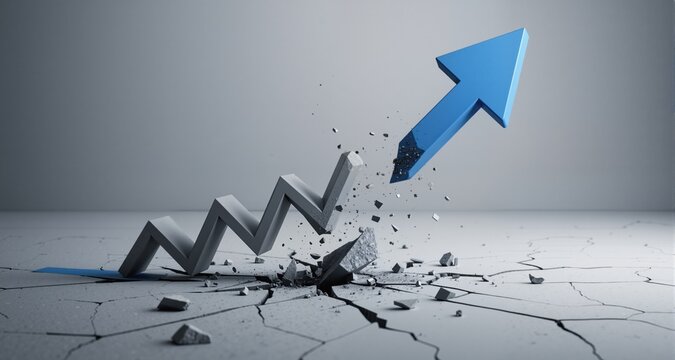 Disrupted progress concept with broken sequence and falling arrow block
