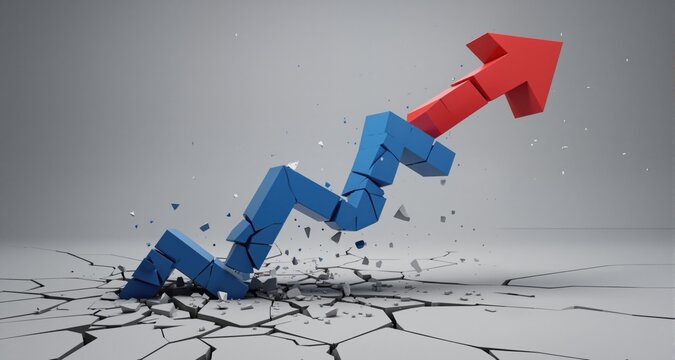 Disrupted progress concept with broken sequence and falling arrow block
