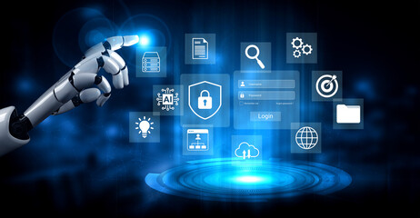Fototapeta premium A futuristic robotic hand points to a digital interface full of icons, symbolizing advanced technology and security in modern data management and online services. Gantry