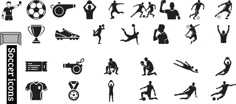 Soccer icons set referee with red card, ball, whistle, trophy cup, cleat, goal, players in action, goalkeepers diving, ticket and Jersey and team