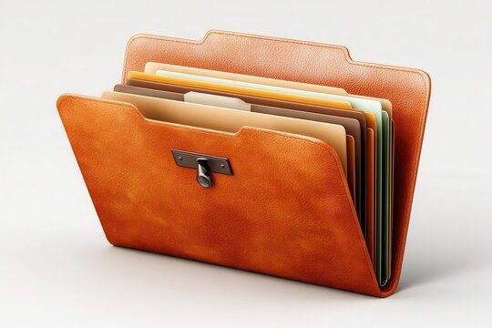 Leather document folder with colorful paper inserts on white