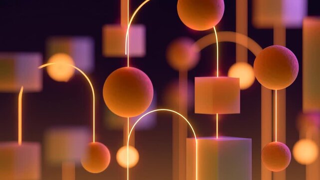 Geometric shapes including spheres and cubes in vibrant colors create a dynamic visual flow, showcasing a continuous interaction of forms against a dark background