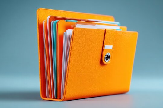 Orange file folder with colorful documents on blue background