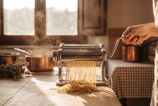 Hand cranking manual machine to cut fresh pasta noodles