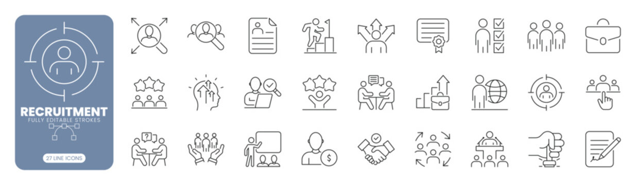 Recruitment and hiring line icon set with HR, interview, candidate selection, team management and employee search symbols for web, app UI and business design. Editable stroke
