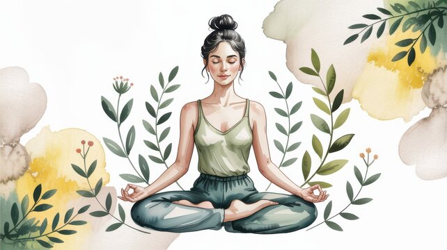 Woman meditating in lotus pose surrounded by plants and watercolor splashes isolated on white background