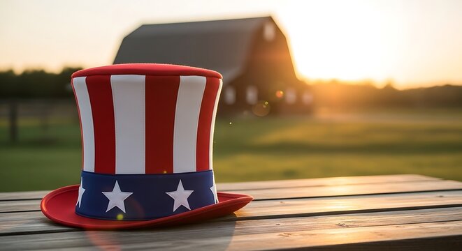 Patriotic uncle sam hat american symbolism with stars and stripes on wooden surface