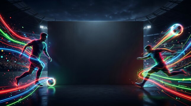 Ultra-wide dynamic soccer background with two players and neon light trails, futuristic football stadium backdrop with central dark copy space for match day banner.