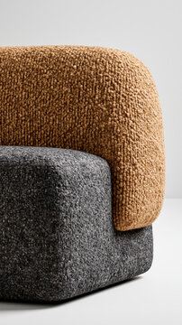 Contemporary furniture design featuring a sectional sofa with textured boucle fabric upholstery in warm brown and dark grey tones, creating an inviting modern interior detail