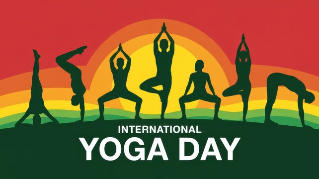 International Yoga Day with silhouettes of people practicing yoga poses on a colorful gradient background