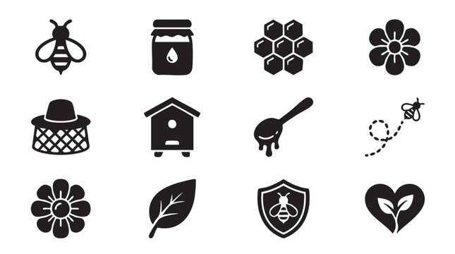 Bee icons set with honey and flowers on white background black silhouettes