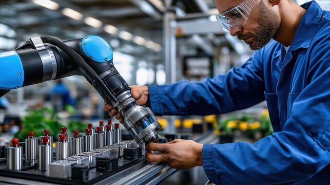 Male engineer in safety glasses working with a blue collaborative robot arm in a factory. Human and machine interaction in modern manufacturing