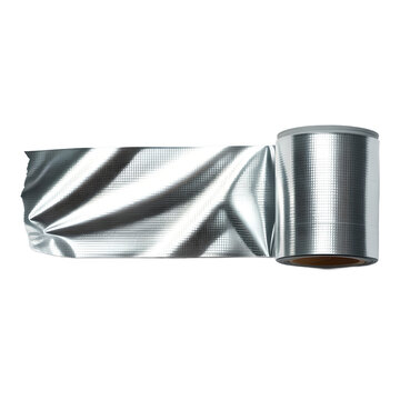 Silver Metallic Foil Tape Roll on White Background &ndash; Shiny Aluminum Reflective Adhesive Film Roll for Packaging and Industrial Use