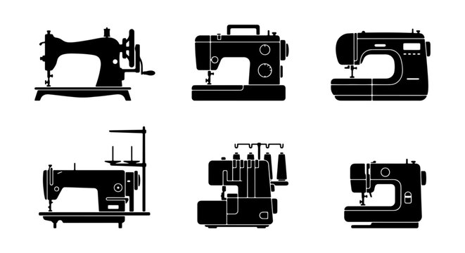 Sewing Machine Icons Set: Vintage, Modern, Overlock, Silhouette Vector Collection