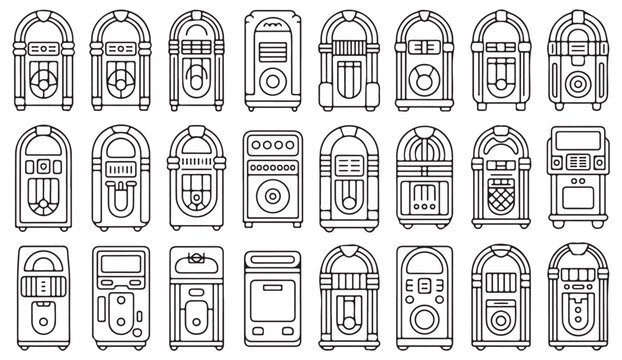 Retro Jukebox and Vintage Music Machine Icons Isolated on White Background