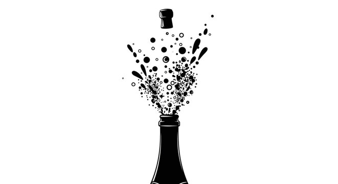 Black silhouette of champagne bottle exploding with splashes and droplets on white background evoking celebration and joy