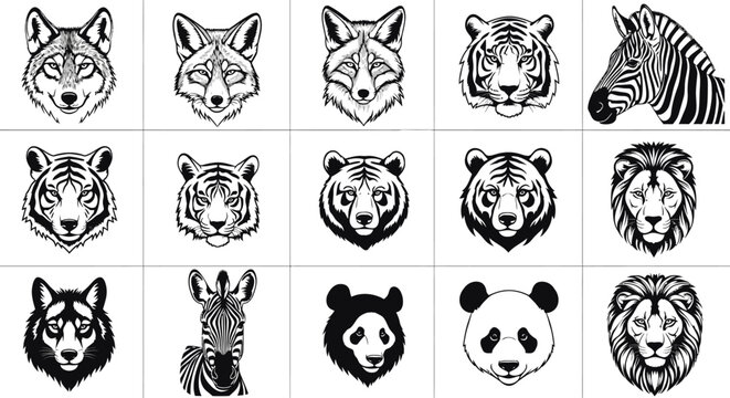 Detailed black and white animal faces illustrations set including wolf tiger zebra bear lion panda on white background