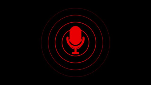 Red color radio wave and voice recording podcast mic microphone button icon animation. Audio microphone icon 4k animation video .