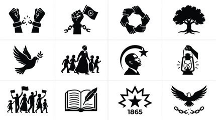 Fototapeta premium Juneteenth celebration icons set black silhouettes on white background freedom and emancipation symbols 1865 abolition of slavery african american culture