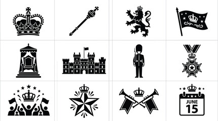 King's birthday celebration silhouette icons set royal crown flag lion castle © Somiran