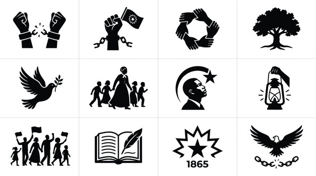 Juneteenth celebration icons set black silhouettes on white background freedom and emancipation symbols 1865 abolition of slavery african american culture