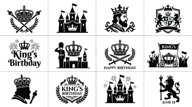 King's birthday celebration silhouette logos and icons set royal symbols crowns castles and heraldry elements for greeting cards and royal events