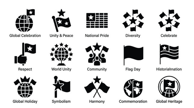 Black icons of flags and symbols representing global celebration unity and diversity on white background