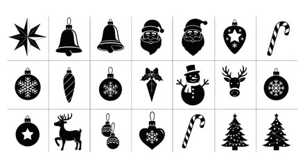 Collection of black and white christmas holiday icons including stars bells snowflakes reindeer santa hats candy canes christmas trees and festive decorations © Prema