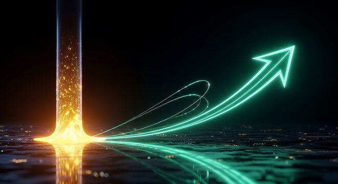 Glowing business growth arrow, neon green success chart, financial data surge