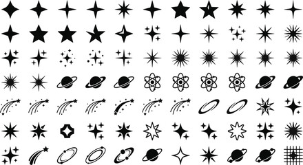 A comprehensive collection of outer space icons celestial elements glittering sparkles planets shooting stars and glowing cosmic bursts vector illustration © Abul