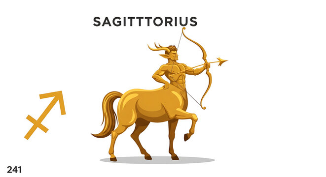 Sagittarius zodiac sign, golden centaur archer with bow and arrow, astrological symbol, mythological creature, horoscope concept, vector illustration