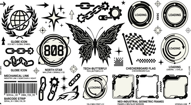 Futuristic cyber punk streetwear graphic design elements kit featuring tech butterfly and y2k geometric frames vector illustration