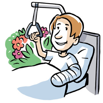 Man in hospital bed with flowers and a cast on his arm.