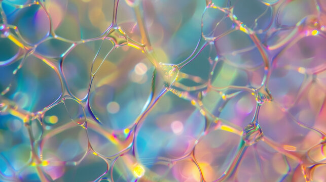 A magnified image of the materials structure revealing a intricate network of rainbowcolored cells that seem to dance and shift as the light hits them.