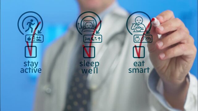 Male doctor in a white coat promoting health and wellness by checking off icons for staying active, sleeping well, and eating smart on a futuristic, transparent digital interface