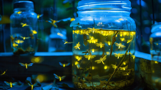 A group of fireflies in a jar demonstrating the final stages of light response in bioluminescent materials. As the fireflies light up their bodies emit a soft glow that illuminates