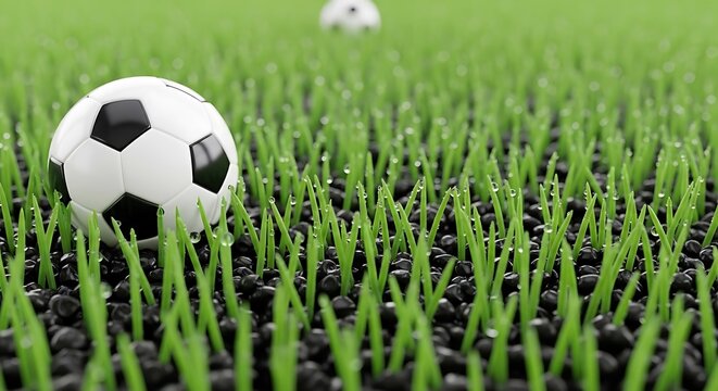 Soccer ball on artificial turf with black rubber infill granules