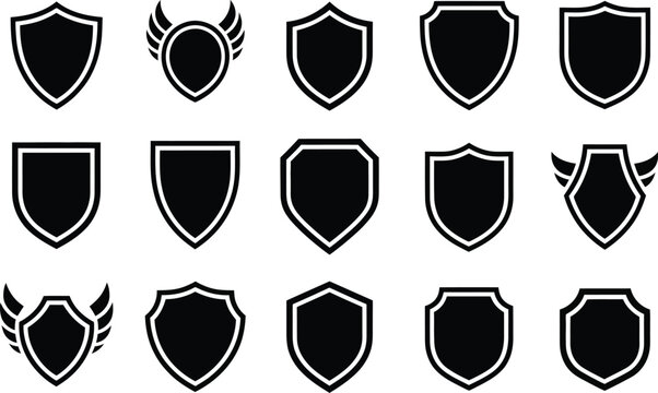 Futuristic, shield outline vectors, bold geometric black icons for esports logos gaming identity marks technology symbols and modern branding use