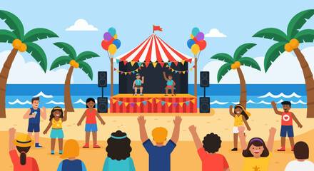 Fototapeta premium Beach festival with people enjoying live music performance under a striped tent.