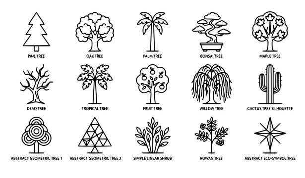 Minimalist tree line art icons vector set with botanical plant oak palm pine cactus and nature symbols
