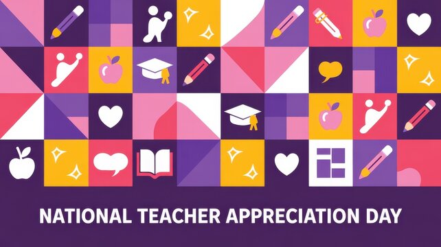 National Teacher Appreciation Day banner with education icons and geometric pattern
