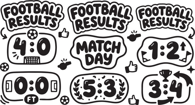 Hand drawn football match day scoreboard and results collection with football scoreboard illustration collection competition championship entertainment template typography scorecard