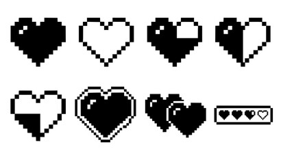Retro 8bit pixel art heart vector set with game life bar icons and health status symbols for gaming interface design © MdIbrahimIslam