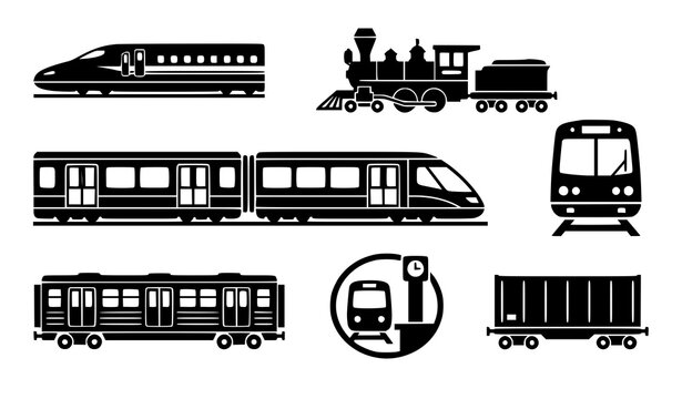 Train silhouette vector icon set with locomotive subway bullet train and cargo rail car transportation symbols